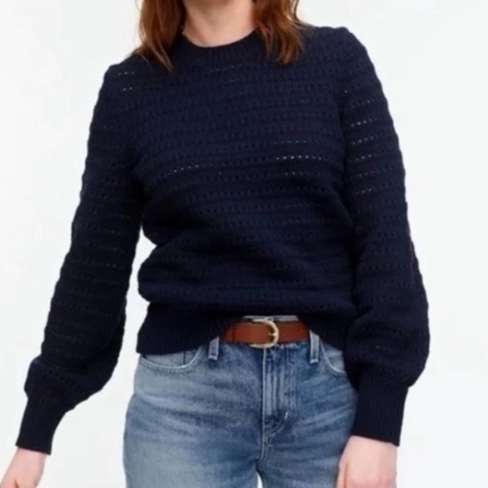 NWOT$98 J. Crew balloon sleeves pointelle navy sweater XS, 18” PTP